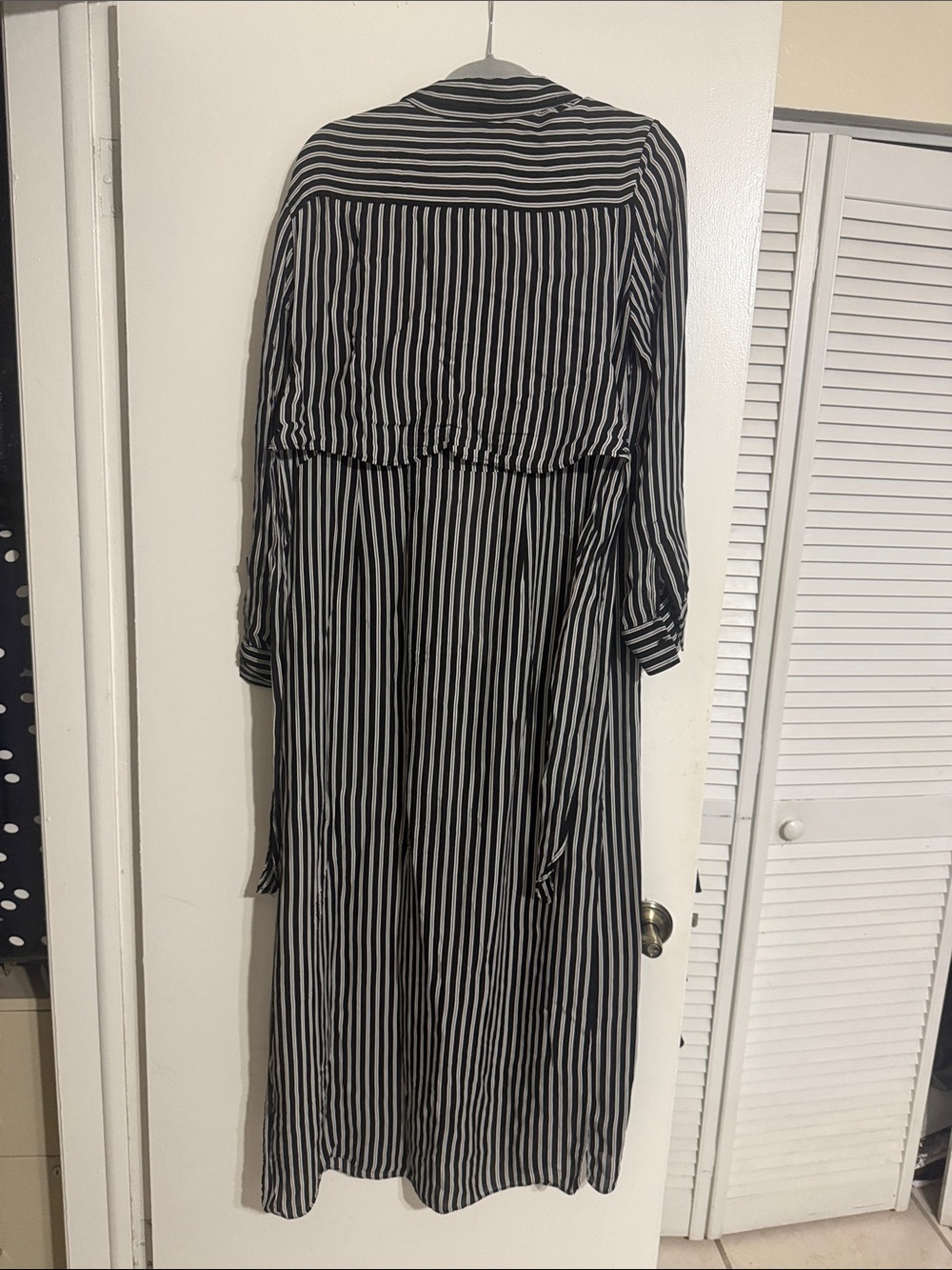 Michael Kors Black and White Vertical Stripe Long Sleeve Tie-Front Dress - Picture 6 of 8